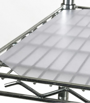 Polypropylene shelf liner installed on wire shelving rack