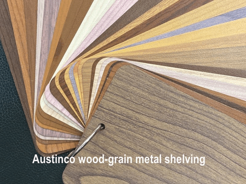 Austinco wood grain metal store shelving