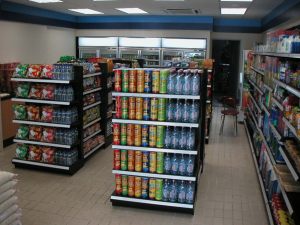 Drinks and tidbits shelving for convenience store.