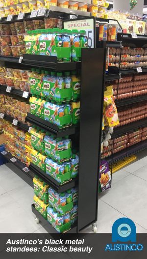 Austinco standee shelving for displaying milo products