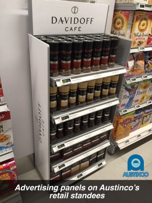 Austinco standee shelving for Davidoff coffee with ads