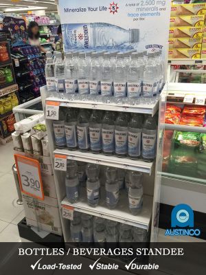 Mineral water with ads on a single Austinco standee shelving